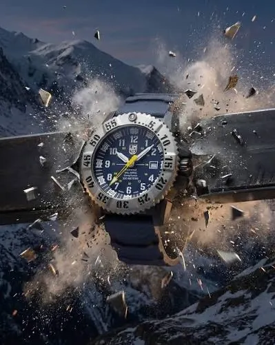 Reloj de buceo Luminox para hombre con bisel de acero y esfera azul resistiendo una explosión de roca en la montaña